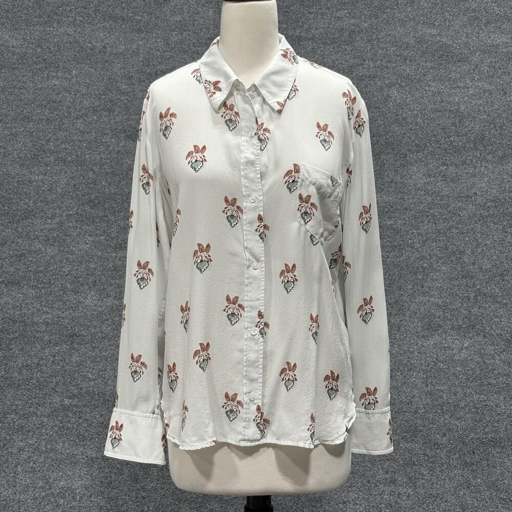 A.L.C. Shirt Womens 12 White Silk Button Down Long Sleeve Floral Print Blouse